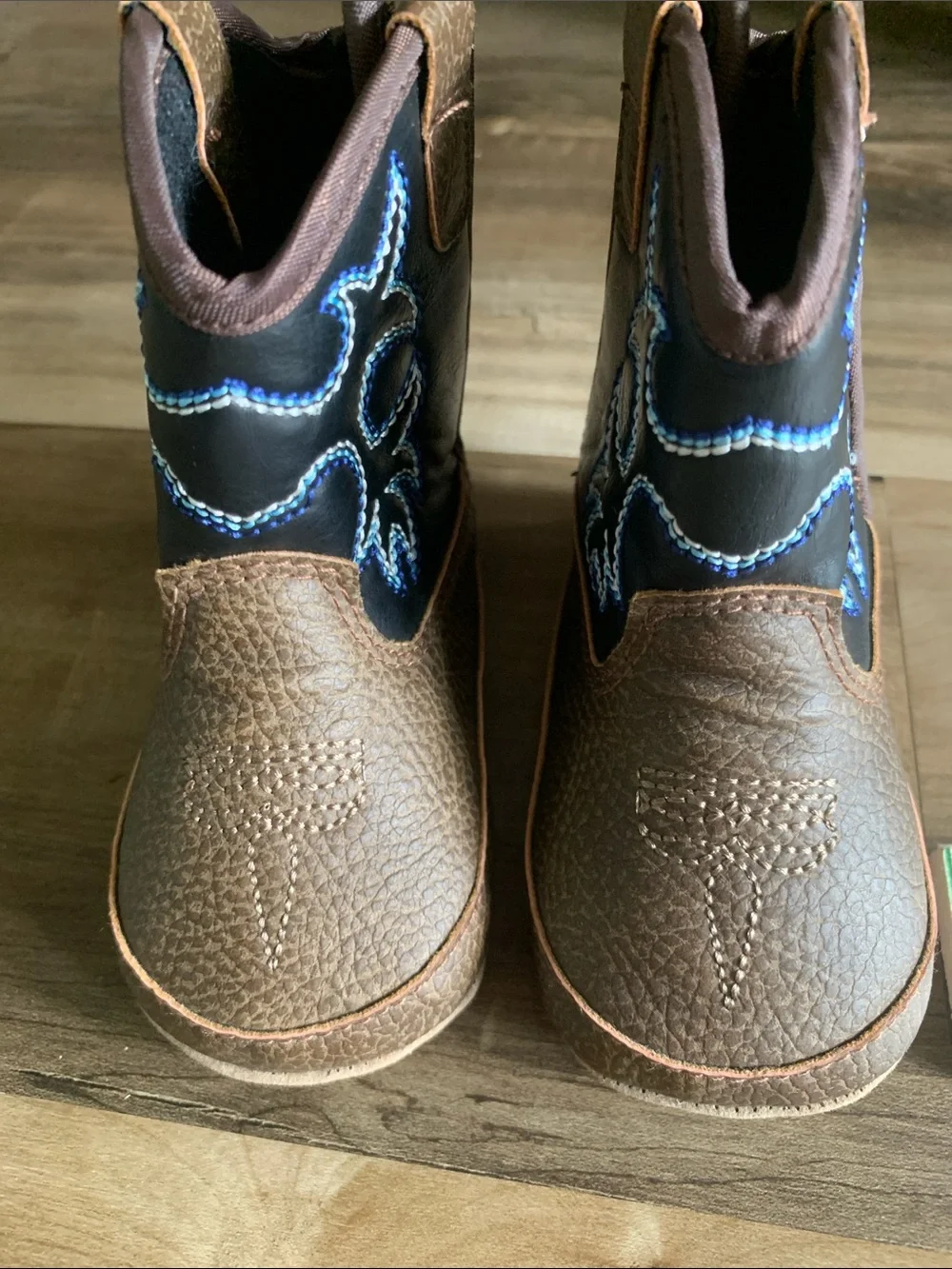 Ariat Brown and Black Kids Cowboy Boots with Blue Stitching